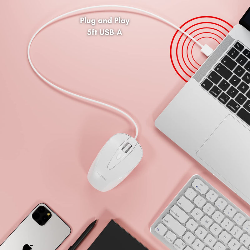 [Australia - AusPower] - Macally USB Wired Mouse with 3 Button, Scroll Wheel, & 5 Foot Long Cord, USB Mouse for Laptop and Desktop, Computer Mouse Compatible with Apple Macbook Pro / Air, iMac, Mac Mini, & Windows PC (TURBO) 