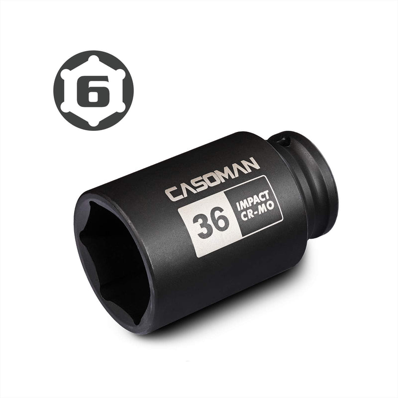 [Australia - AusPower] - CASOMAN 1/2" Drive x 36 mm Deep 6 PT Impact Socket, CR-MO, 1/2-inch Drive 6 Point Axle Nut Socket for Easy Removal of Axle Shaft Nuts (36MM) 6-Point Socket 36mm 