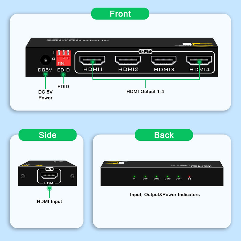 [Australia - AusPower] - HDMI Splitter 1 in 4 Out, JCHICI HDMI Splitter 4K@60Hz 4:4:4, HDMI Splitter for Dual Monitors, EDID Control, Compatible with Xbox PS4 Blu-Ray Player HDTV (1 Source onto 4 Displays) 4 port hdmi splitter 