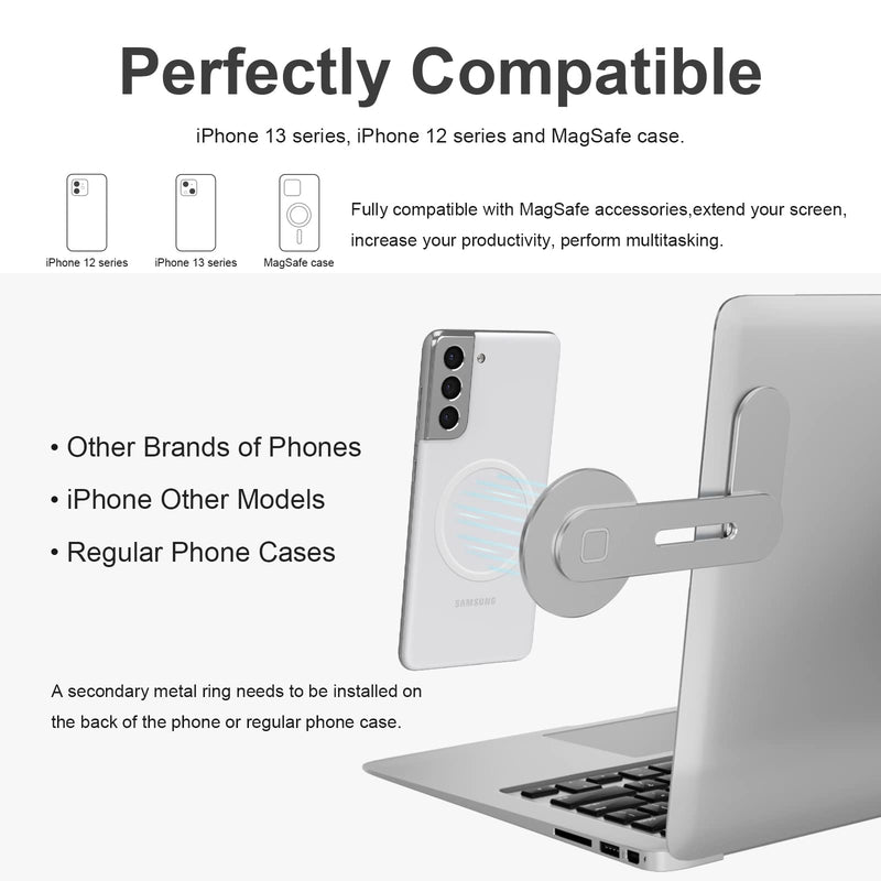 [Australia - AusPower] - Doter MagSafe Accessories Laptop Phone Holder Compatible with MagSafe Stand, Universal Aluminum Alloy Laptop Side Mount, Foldable Arm Phone Stand for iPhone 13 13 Pro Max iPhone 12 12 Pro Max Silver 