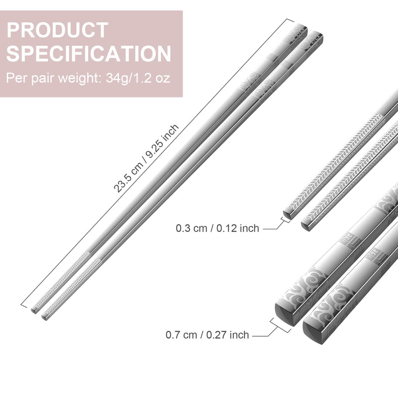 [Australia - AusPower] - Metal Chopsticks Reusable 5 Pairs Stainless Steel Chopsticks Dishwasher Safe Square Lightweight Non-Slip Chop Sticks Gift Set (Silver) 