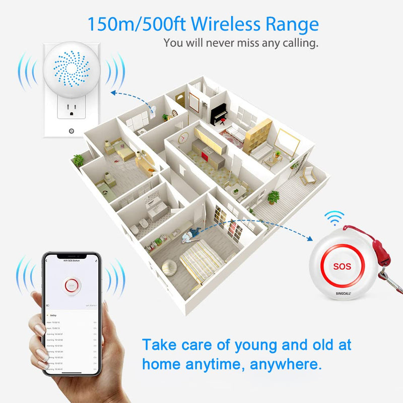 [Australia - AusPower] - SINGCALL Tuya WiFi Smart Wireless Caregiver Pager Calling System Nurse Calling Alert Pager System for Home Elderly Patient Seniors Disabled 1 Waterproof SOS Emergency Button 1 Plugin Receiver 