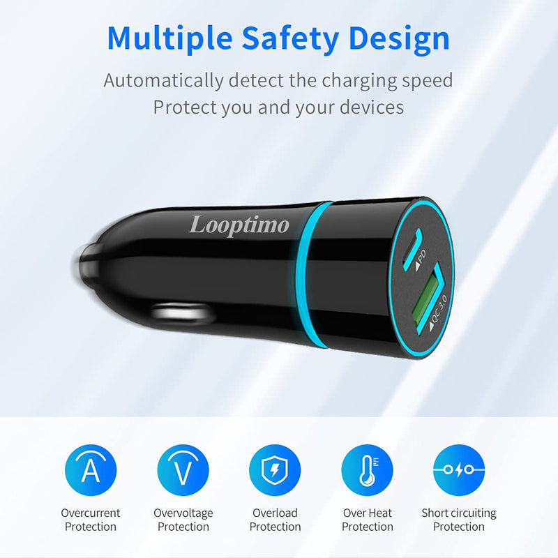 [Australia - AusPower] - Looptimo Super Fast USB C Car Charger, 25W PD&18W QC3.0 Compatible for Samsung Galaxy S22/S21/S20/Ultra/Plus/S21 FE/A32 5G/Z Fold 3 5G, Google Pixel, Dual Fast Car Charger+2 Pack Type C Cables 3.3ft 