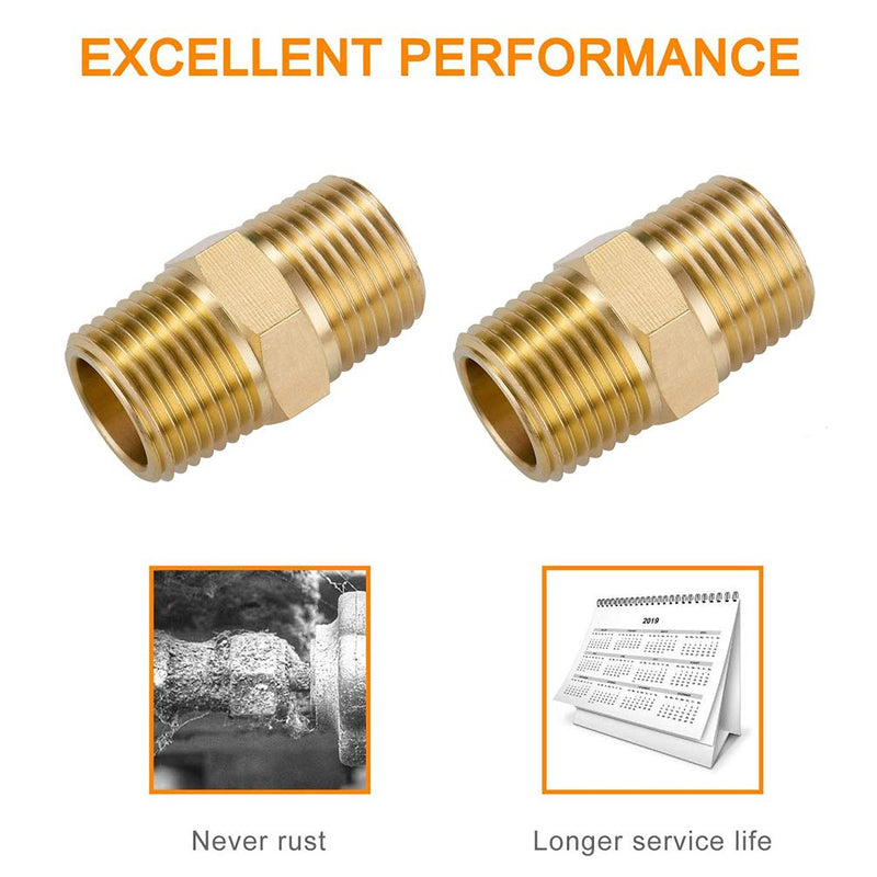 [Australia - AusPower] - 1/2" X 1/2" NPT Brass Nipple Pipe Fittings Equal Adapter Union Male Threaded Hex Straight Connector Couplings Hose Extender, Pack of 2 1/2 inch X 1/2 inch 