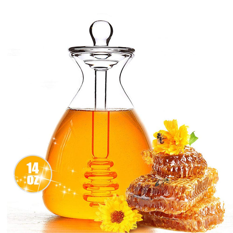 [Australia - AusPower] - TOFOAN Crystal Beehive Honey Jar - Glass Honey Pot with Dipper and Lid Cover for Home Kitchen Store Honey and Syrup, Clear Gorgeous Bee Decor, Honey Container 14 Ounces 