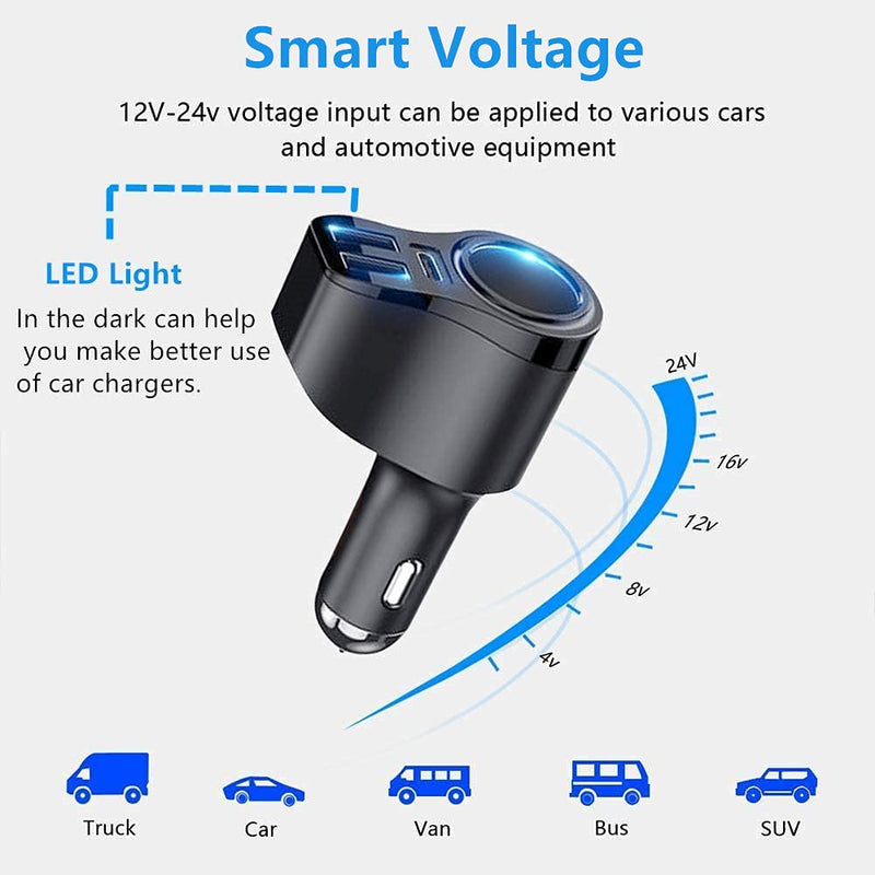 [Australia - AusPower] - 4 in 1 USB C Car Charger, 36W Multi USB Cigarette Lighter Adapter, Socket Splitter with 3 USB Ports, 12V/24V Dual USB Type C PD Fast Car Charger Adapter for iPhone 13/12/11/XS/8,iPad,Samsung,LG,GPS PD3.0 