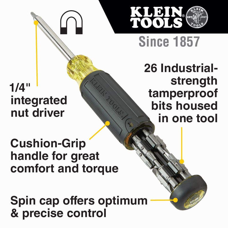 [Australia - AusPower] - Klein Tools 32307 Multi-bit Tamperproof Screwdriver, 27-in-1 Tool with Torx, Hex, Torq and Spanner Bits with 1/4-Inch Nut Driver 