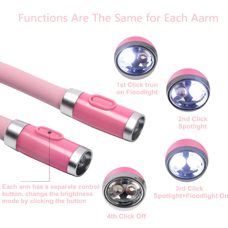[Australia - AusPower] - Rechargeable 4 LED Neck Reading Light, Book Lights for Reading in Bed, 3 Brightness Levels, 2 Flexible Soft Silicone Arms Comfortable Wear, Long Lasting. Perfect for Bookworms, Craft & Knitting (Pink) Pink 