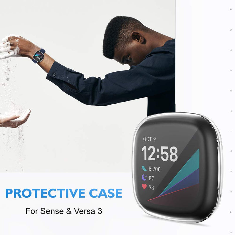 [Australia - AusPower] - ZEBRE [4-Pack] Screen Protector Case Compatible with Fitbit Sense/Versa 3, TPU Rugged Bumper Case Cover All-Around Protective Plated Shell Accessories [Scratch-Proof] for Sense Smartwatch Black/Clear/Blue/Green 
