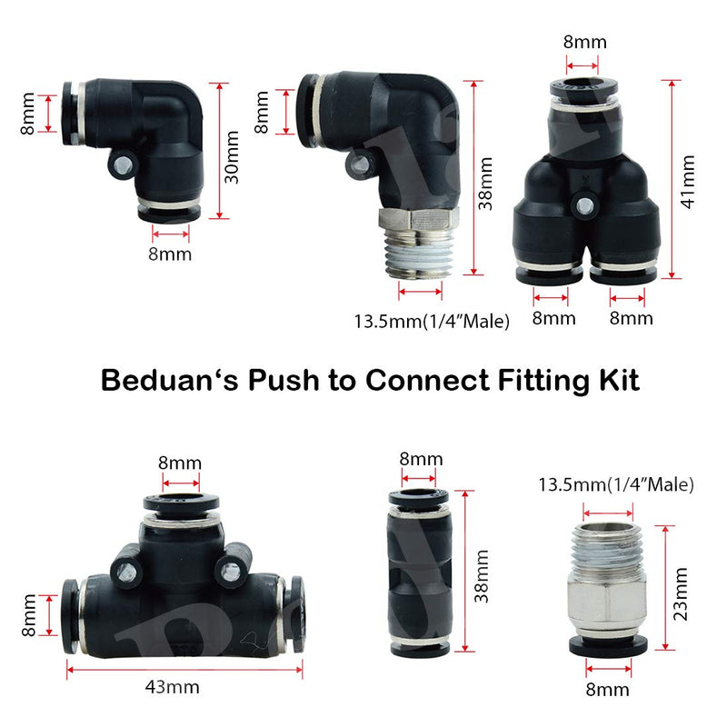 [Australia - AusPower] - Beduan Pneumatic 5/16 OD Push to Connect Fittings Kit Air Line Quick Fittings 2 PL+2 Elbow+2 Tee+2 Y Spliter +2 Male Straight+2 Male Elbow 5/16" OD Tube OD x 1/4 inch NPT (12 Pcs) 8mm tube ODx 1/4" npt KIT 