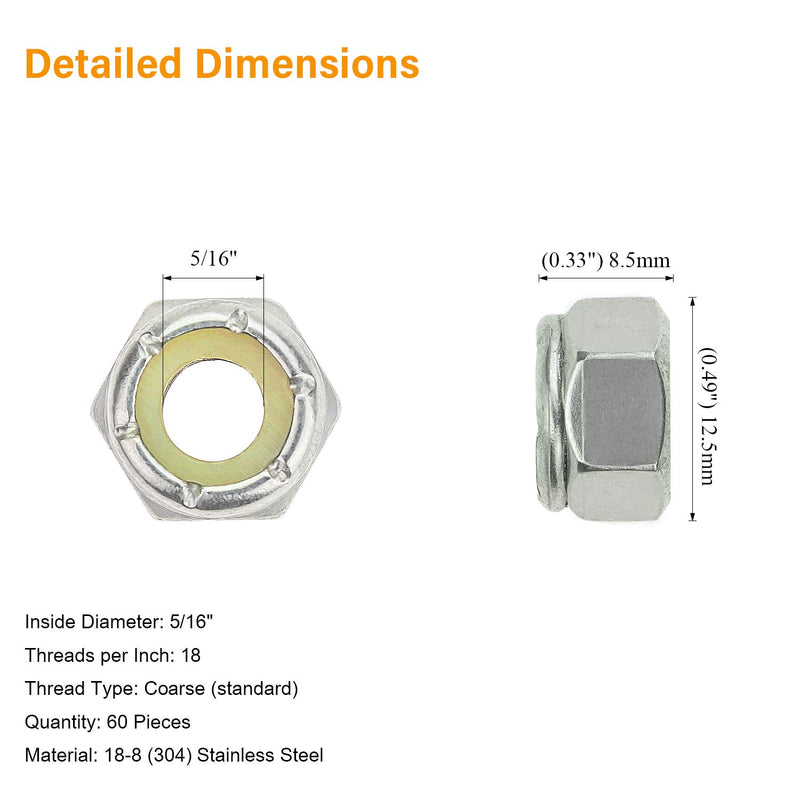 [Australia - AusPower] - Powlankou 60 Pieces 5/16"-18 Nylon Insert Hex Lock Nuts, 304 Stainless Steel 