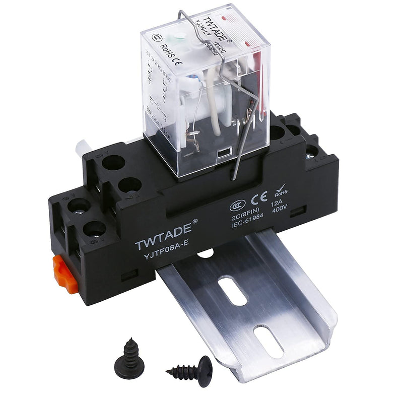 [Australia - AusPower] - TWTADE/DC 12V Electromagnetic Power Coil Relay 10A 8 Pins 2DPT 2NO 2NC with Indicator Light and Socket Base[Gift DIN Rail] -YJ2N-LY 8 PIN-10A DC 12V 