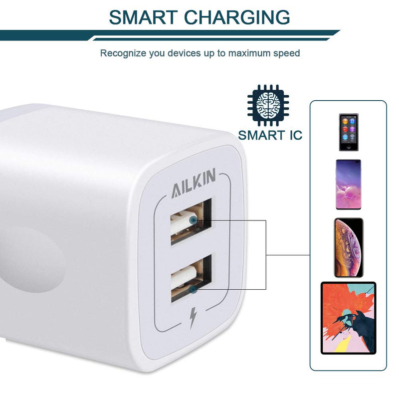 [Australia - AusPower] - Wall Charger, 3Pack 5V/2.1A AILKIN 2-Port USB Wall Charger Home Travel Plug Power AC Adapter Fast Charging Block Cube for iPhone 13 12 SE 11Pro Max XS XR 8 7 Plus, Samsung Galaxy, Google Pixel, LG Box White 