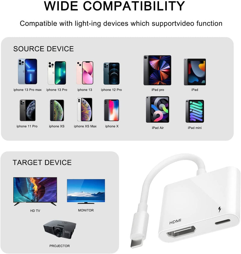 [Australia - AusPower] - Apple MFi Certified Lightning to HDMI Digital AV Adapter 1080P HD Video HDMI Sync Screen Connector Cable with Charging Port Compatible with iPhone 12/11/ X/ 8/7/ iPad on HDTV/Projector/Monitor 