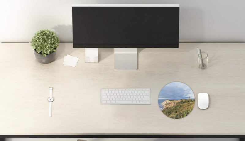 [Australia - AusPower] - Lunarable Island Mouse Pad for Computers, Image of Gay Head Cliffs and Old Historical Lighthouse at Martha's Vineyard, Round Non-Slip Thick Modern Gaming Mousepad, 8" Round, Khaki Ecru Pale Blue 
