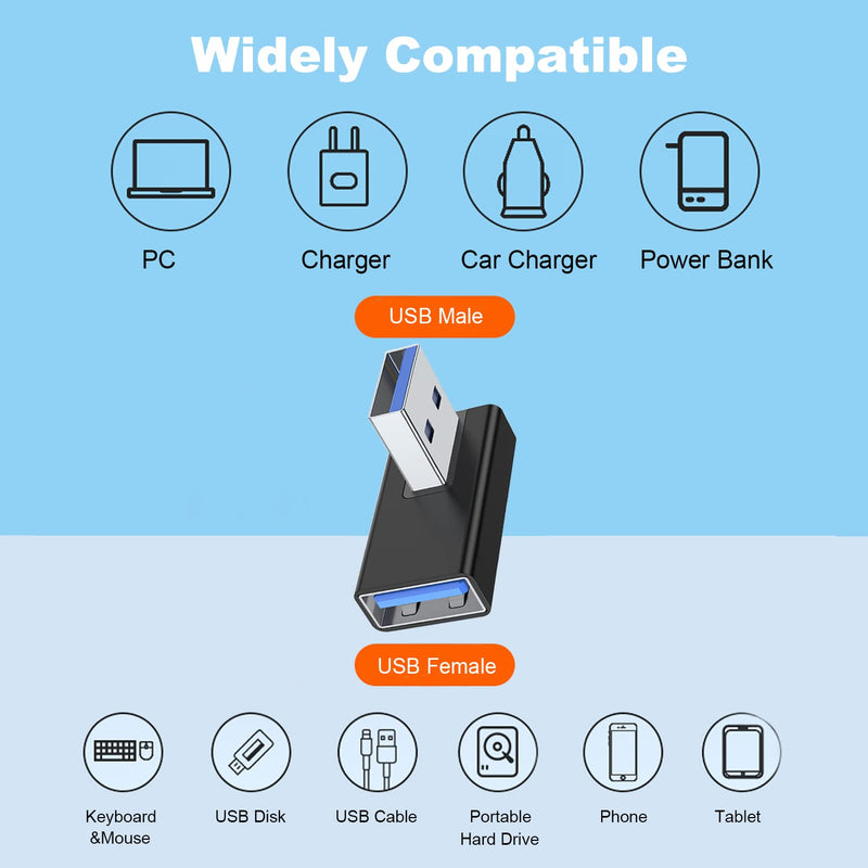 [Australia - AusPower] - AreMe 90 Degree USB 3.0 Adapter 2 Pack, Left and Right Angle USB A Male to Female Converter Extender for PC, Laptop, USB A Charger, Power Bank and More (Black) Left/Right Black 