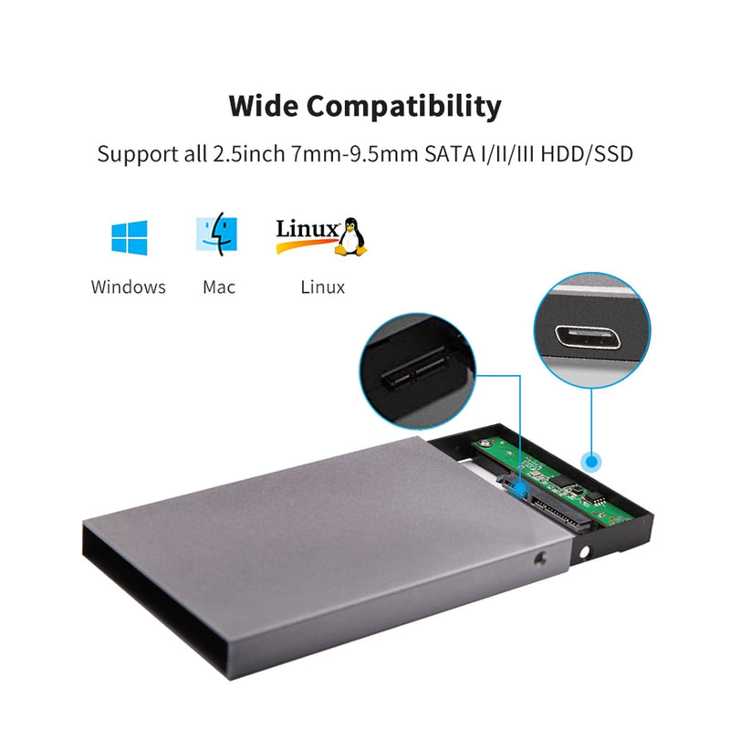 [Australia - AusPower] - SSK Aluminum 2.5" Hard Drive Enclosure USB C 3.1 Gen 2(6Gbps) to SATA External HDD Case Adapter for 2.5 inch 7 9.5mm SATA III HDD SSD with UASP Compatible with WD Seagate Samsung PS4 Xbox 