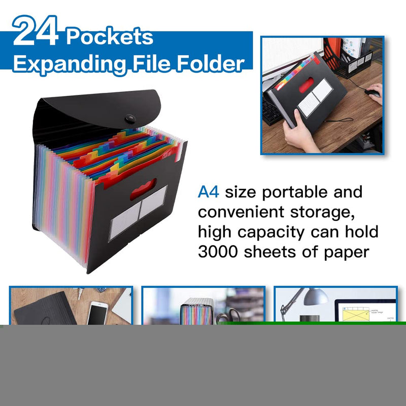 [Australia - AusPower] - 24 Pockets Accordion File Organizer - Expanding File Folder/Portable File Accordian Organizer A4/Letter Size with Multicolored Sections/Waterproof, Durable Plastic File Organizer for Bills, Documents Black 