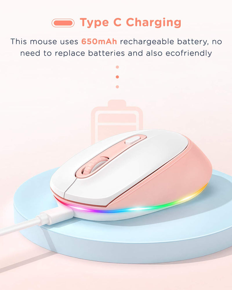 [Australia - AusPower] - seenda Bluetooth Mouse, Ultra Quiet Rechargeable Light Up Wireless Mouse (Bluetooth 3.0/5.0+USB) with LED Rainbow Lights for Computer Laptop Notebook Chromebook Mac Windows, Pink A, Pink Mouse for Laptop 