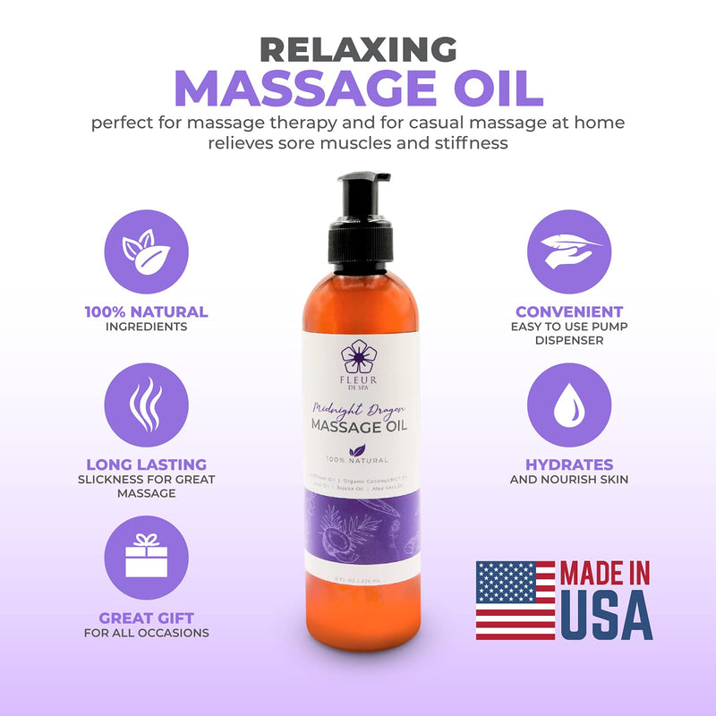 [Australia - AusPower] - Therapeutic Body Massage Oil - Safflower & Organic Coconut Oils for Sore Muscles & Stiffness – Acai Berry for Anti Cellulite - All Natural - Made in USA by Fleur De Spa - 8oz Midnight Dragon 