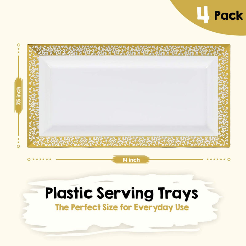 [Australia - AusPower] - Yumchikel-Decorative Plastic Serving Tray & Platter Set (4pk) - Gold & White Disposable Party Trays & Platters for Food - Weddings, Upscale Parties, Dessert Table, Cupcake display - 14x7.5 inches 