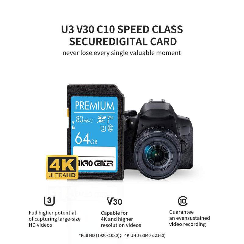 [Australia - AusPower] - Premium 64GB SDXC Card from MicroCenter, Class 10 SD Flash Memory Card UHS-I C10 U3 V30 4K UHD Video R/W Speed up to 80/35 MB/s for Cameras Computers Trail Cams (64GB) 