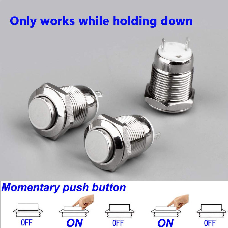 [Australia - AusPower] - Gebildet 10pcs Waterproof Push Button Momentary Stainless Steel Push Button On Off 12mm 2A 12V/24V/125V/250V(High Head) 12mm-10pcs Momentary 