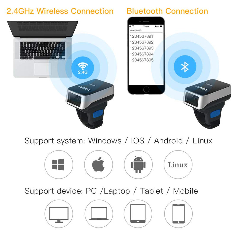 [Australia - AusPower] - Sumicor Barcode Scanner 2D Bluetooth Ring Finger Wireless Barcode Scanner,Portable Wearable Mini Bar Code Reader Work with Widows iOS Android Linux Mac OS 