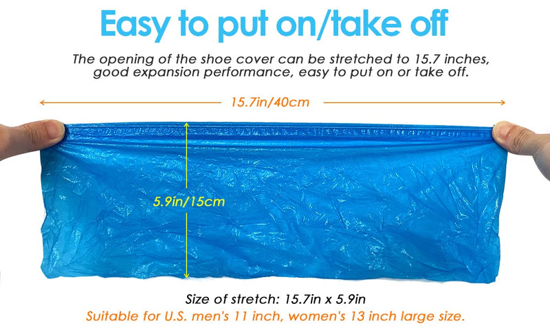 [Australia - AusPower] - OGUNUOKI Shoe Covers Disposable Recyclable -100 Pack(50 pairs) 15.7'' Hygienic Shoe & Boot Covers Waterproof Non-slip Shoe Booties for Indoors (Large Size - Up to US Men's 11 & US Women's 13) Plastic (CPE) 