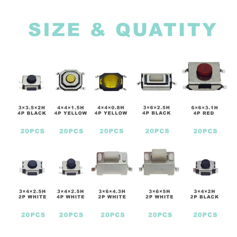 [Australia - AusPower] - QTETAK 200 Pcs 10 Value Micro Momentary Tactile Push Button Switch Tact Assortment Kit 