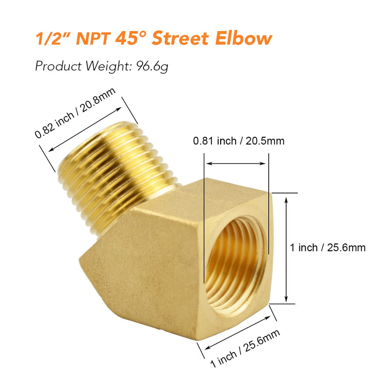 [Australia - AusPower] - (2-Pack) Besosay 45° Degree 1/2 Inch Brass Barstock Street Elbow Pipe Fitting, 1/2" NPT Female x 1/2" NPT Male 45° Elbow 