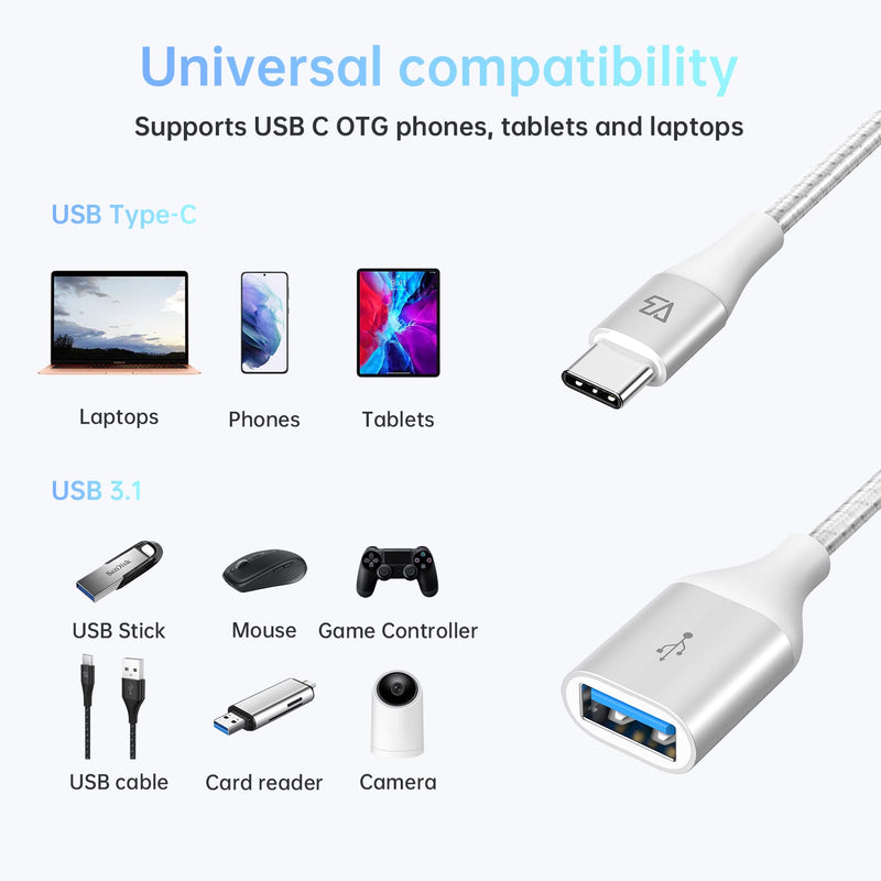 [Australia - AusPower] - Teleadapt Type C to USB Adapter, 10Gbps USB C to USB A Adapter for Galaxy S20/S10/S9, USB C to USB OTG Cable, USB C Male to USB 3.1 Female OTG Adapter Compatible for New MacBook Pro, iPad Air 2020 White Silver 