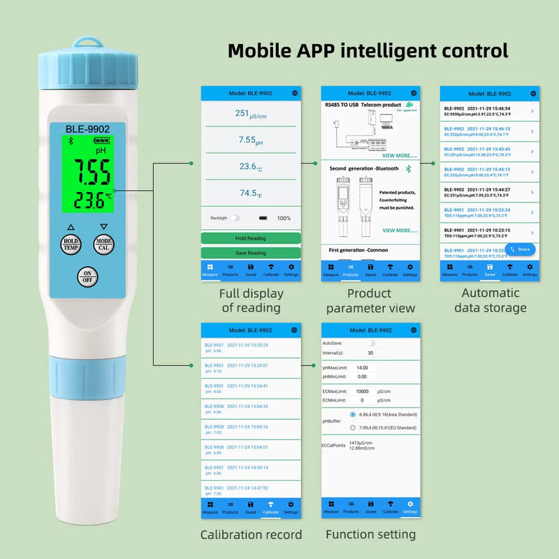 [Australia - AusPower] - RCYAGO Smart Bluetooth PH Meter PH Tester 0.01 PH High Accuracy Water Quality Tester with ATC: 3 in 1 PH EC Temp Meter pH/EC(Conductivity)/TEMP 