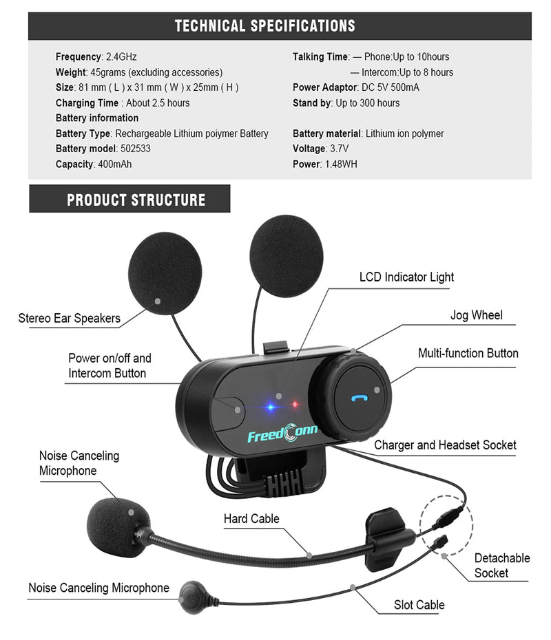 [Australia - AusPower] - Motorcycle Helmet Bluetooth Headset, TCOM VB Helmet Communication Systems 2Riders Snowmobile Helmet Bluetooth Intercom, Motobike Waterproof Interphone 800M Up to 3 Riders Pairing(1Pack) 