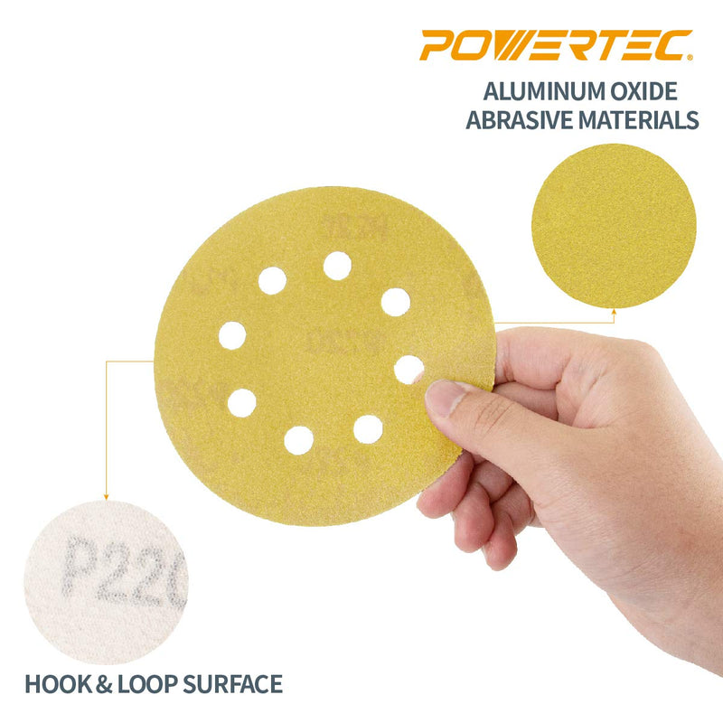 [Australia - AusPower] - POWERTEC 44006G-50 Gold 5” Hook and Loop Sanding Disc | 8 Hole | 60 Grit – 50 Pack 