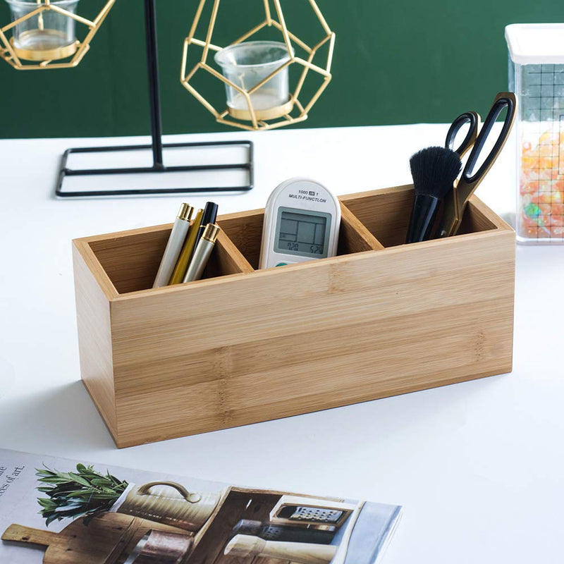 [Australia - AusPower] - YOSCO Bamboo Wood Pens Pencils Holder Cup for Desk Remote Control Holder, Caddy,Organizer,Desktop Storage with 3 Compartments,Multiuse for Store TV Remotes,Game Console,Phones,Office Supplies (3 Grid) 