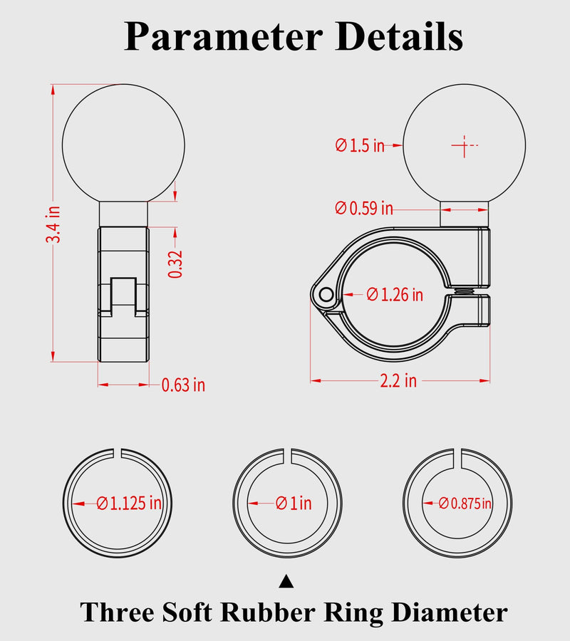 [Australia - AusPower] - BRCOVAN Aluminum Alloy Bar Clamp Mount with 1.5'' TPU Ball Compatible with RAM Mounts C Size Double Socket Arm for Handlebar & Rails Diameter 0.875'' 1'' 1.125'' 1.26'' CNC Machining, Anodized Surface 
