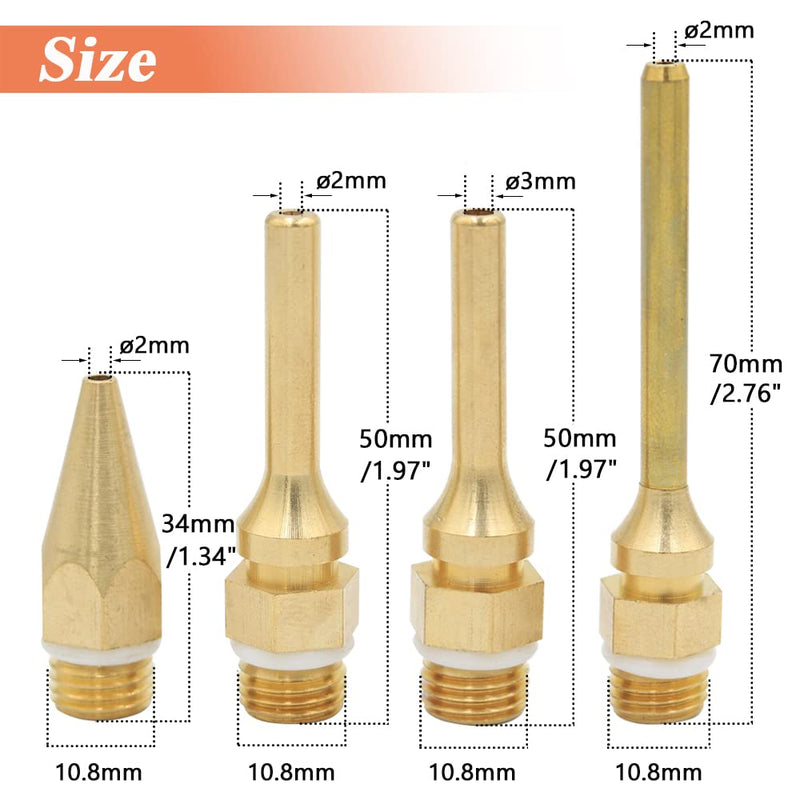 [Australia - AusPower] - Mesee 4pcs Hot Melt Glue Gun Nozzle Set for 11mm Thread Power Tools, Long Short Small-bore Large Diameter Pure Copper Nozzle Tips 2.0x70mm 2.0x50mm 2.0x34mm 3.0x50mm 
