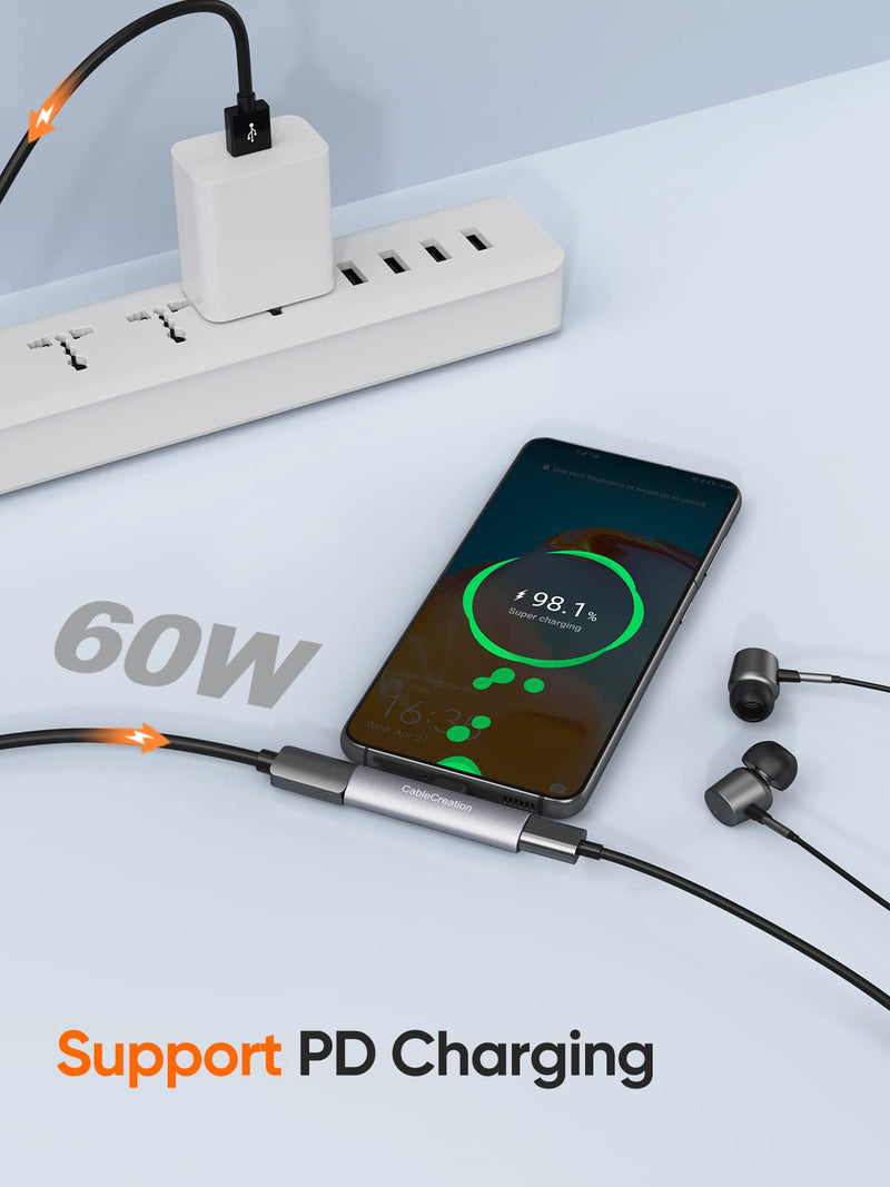 [Australia - AusPower] - USB C Splitter, CableCreation 2-in-1 USB C Audio and PD Charging Adapter, Compatible with New iPad Pro, MacBook Air, Galaxy S9, S10, S20, S21 Ultra, S22, Pixel 2 3 XL, Aluminum Gray 