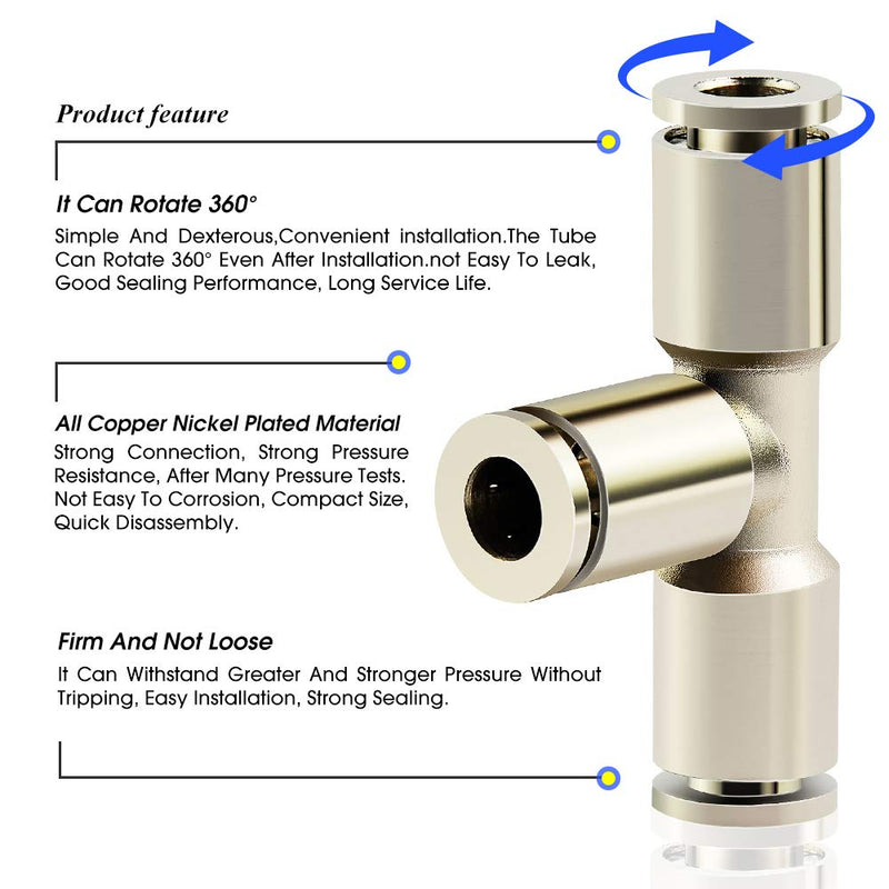 [Australia - AusPower] - TAILONZ PNEUMATIC 1/4 Inch OD Copper Nickel Plating Push to Connect Air Fittings Tee Straight Union Connect TPE-1/4（Pack of 5） 1/4"OD 