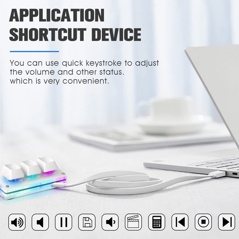 [Australia - AusPower] - Ecarke USB Mini 3-Key Keypad Mechanical Gaming Keyboard Programming Macro with Software OSU HID Standard Keyboard（Upgrade Cherry Shaft & RGB LED） White 