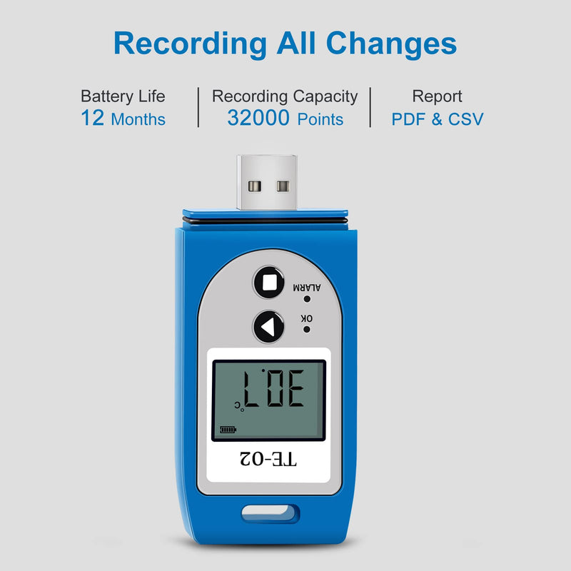 [Australia - AusPower] - Temperature Data Logger, Multi-Use USB Temperature Recorder with 32000 Readings, PDF Reports, Alarms, Waterproof, 1-Year Battery Life, Calibration Certificates, Thermometer Logger for Cold Chain (1) 