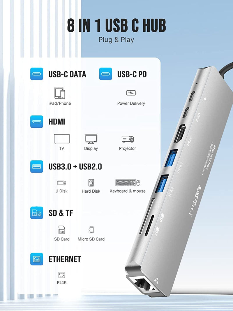 [Australia - AusPower] - USB C Hub, Lemorele 8 in 1 USB C Hub Multiport Adapter with 4K HDMI, 85W PD, USB 3.0 Ports, USB C Data Port, SD/TF Card Reader, USB C Dongle for MacBook Pro/Air and Other Type C Devices silver 