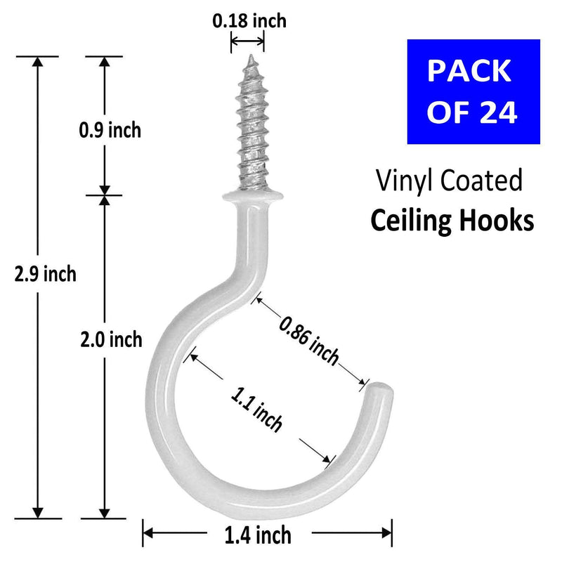 [Australia - AusPower] - Ceiling Hooks Heavy Duty 24 Pack 2.9 Inch Vinyl Coated Screw in Hooks Kitchen Hooks Cup Hooks for Hanging Plants, Lights, Cups, Mugs, Wind Chimes, Utensils, Indoor Outdoor Use White 