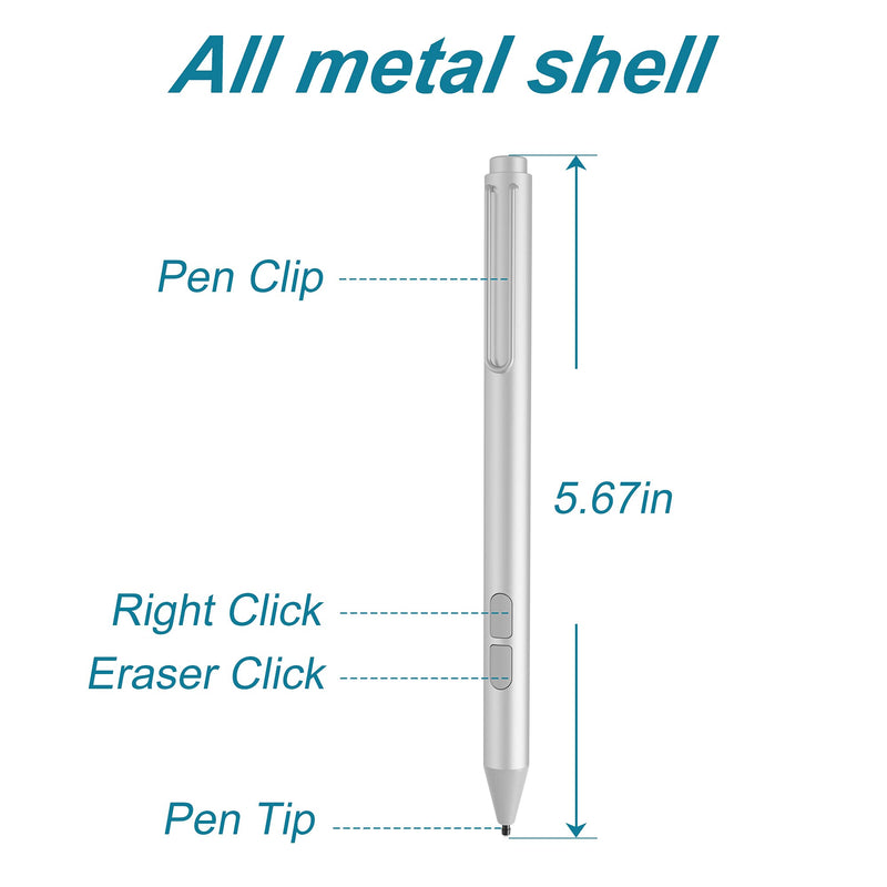 [Australia - AusPower] - TOPXINKER Pen for Microsoft Surface with Palm Rejection, 4096 Levels Pressure Compatible with Surface Pro X/7/6/5/4/3, Surface Go, Surface Book, Surface Laptop Including AAAA Battery & Spare Tip Silver 