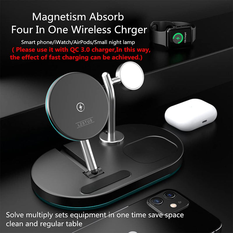 [Australia - AusPower] - LZSTUS 4-in-1 Magnetic Wireless Charging Station 15w Fast Qi Wireless Charger with iPhone 12/13 Pro Max/iWatch/AirPods/Small Naight Lamp Best Wireless Charger 