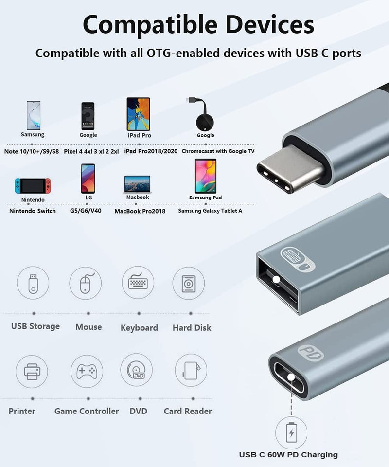 [Australia - AusPower] - USB C OTG Adapter with Power, USB C to USB Female with PD 60W Charging Power Adapter Compatible with iPad Pro, Dell XPS, Samsung Galaxy S22/S21, Google Pixel 5/4, Google Chromecast with Google TV 