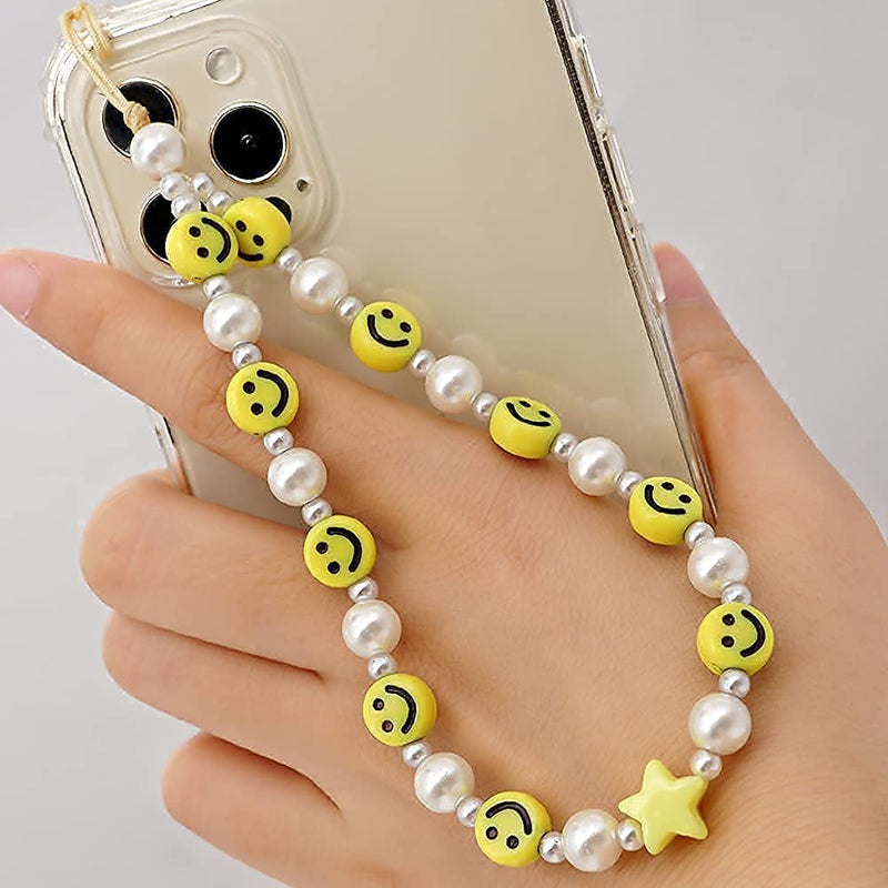 [Australia - AusPower] - Beaded Phone Lanyard Wrist Strap Smiley Face Beaded Handmade Colorful Acrylic Beads Pearl Phone Charm Strap for Women Girls Yellow 