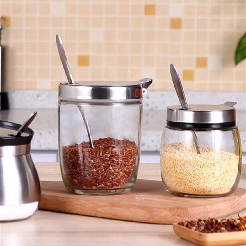 [Australia - AusPower] - 2 Pcs Round Glass Spice Jar,capacity Transparent Container,2 Seasoning Spoons,stainless Steel Lid,salt And Pepper Shakers 