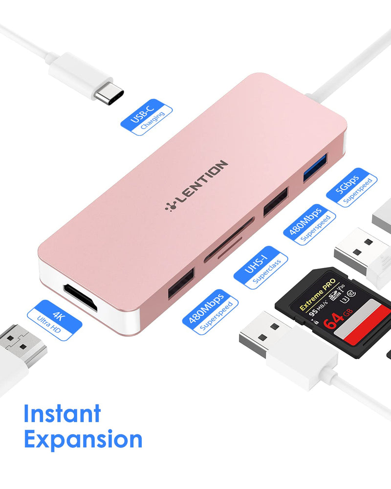 [Australia - AusPower] - LENTION USB C Hub with 4K HDMI, SD/Micro SD Card Reader, USB 3.0, USB 2.0 and Charging Compatible 2022-2016 MacBook Pro, New Mac Air/Surface, More, Stable Driver Certified Adapter (CB-C17, Rose Gold) 